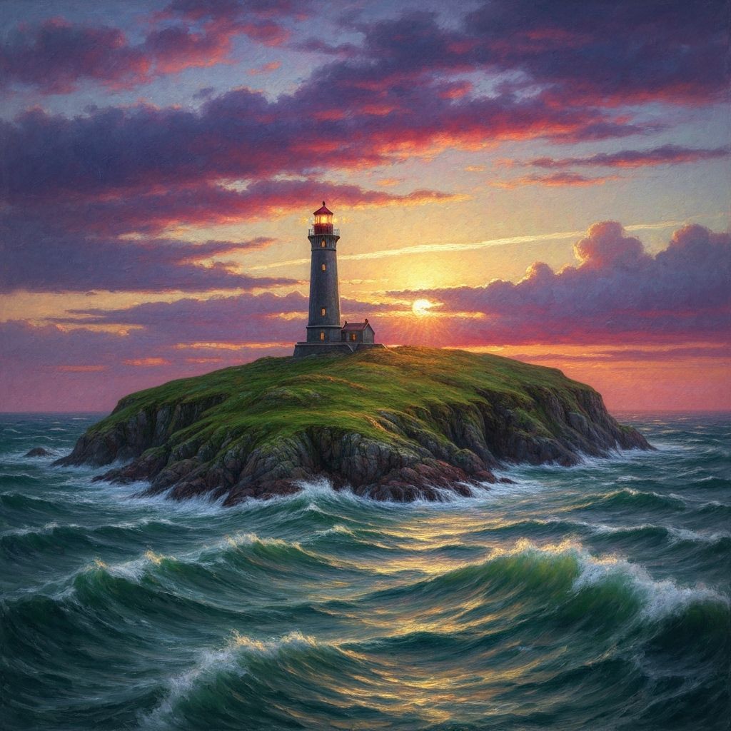 Island Lighthouse at Sunset: Impressionist Seascape