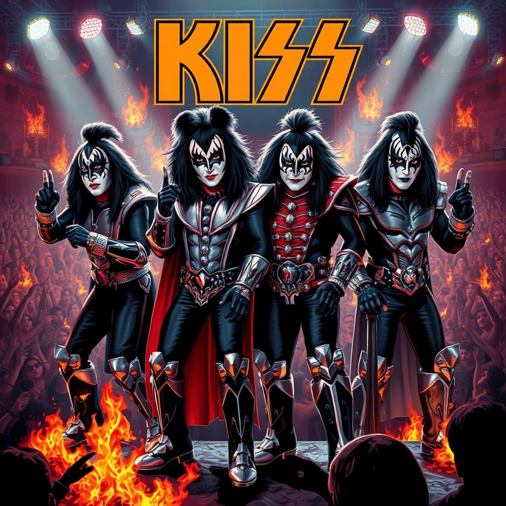 KISS: Iconic Rock Band in Concert, Graphic Art Style