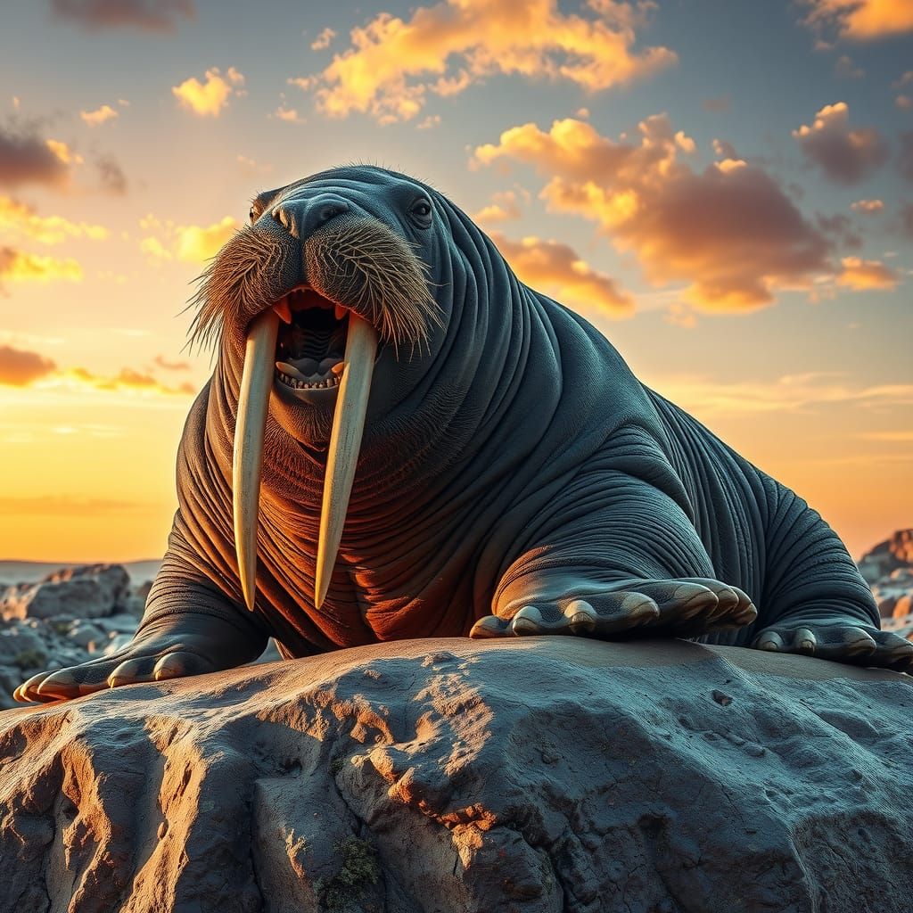 Walrus with Tusks at Sunset in Mixed Media