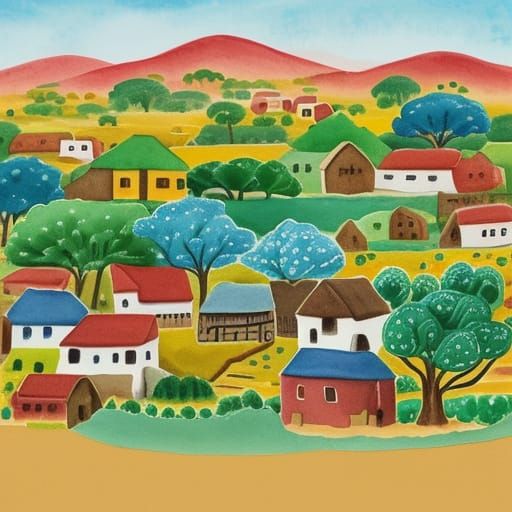 Naive African Village Watercolor Illustration