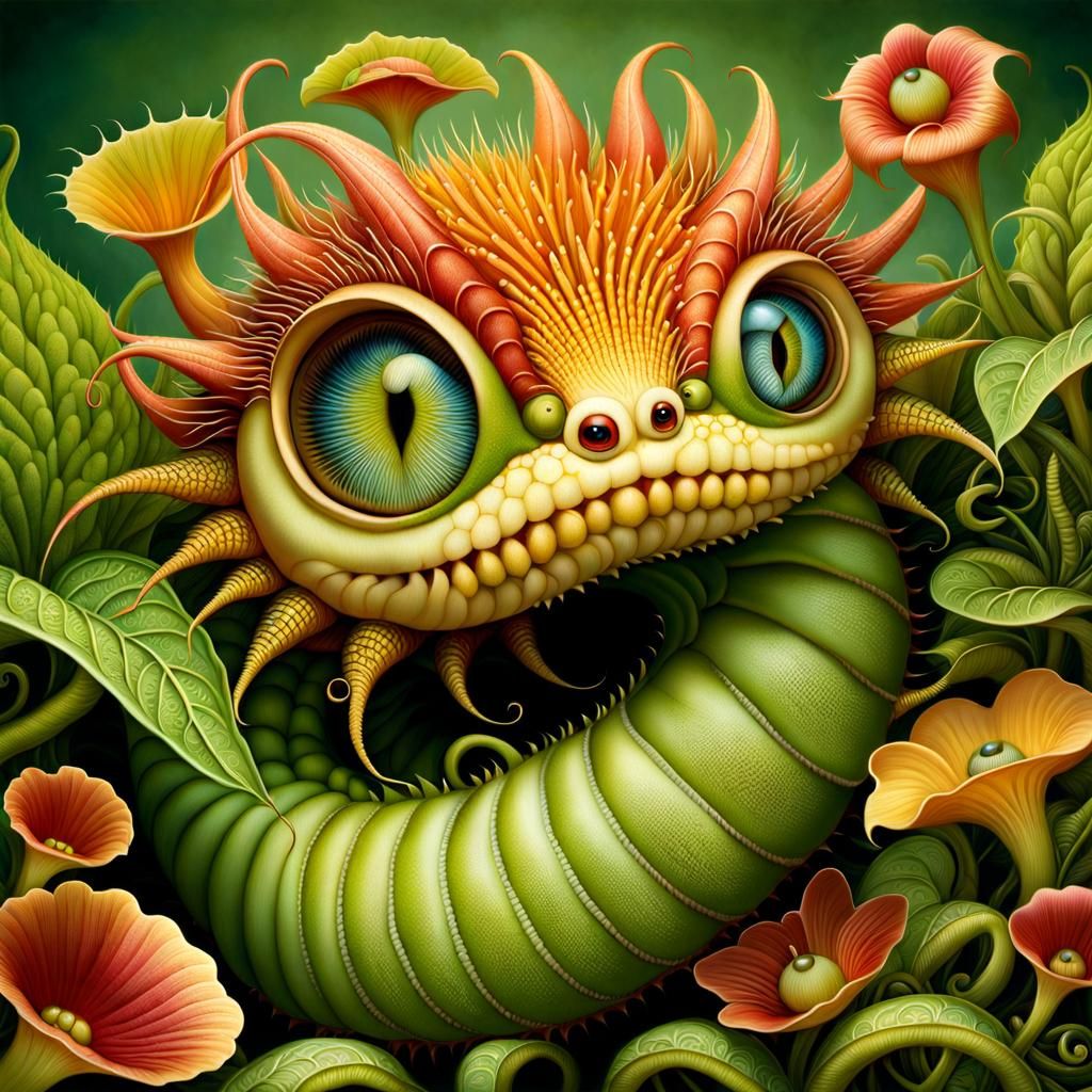 Dragon Caterpillar in Surreal Colorful Garden