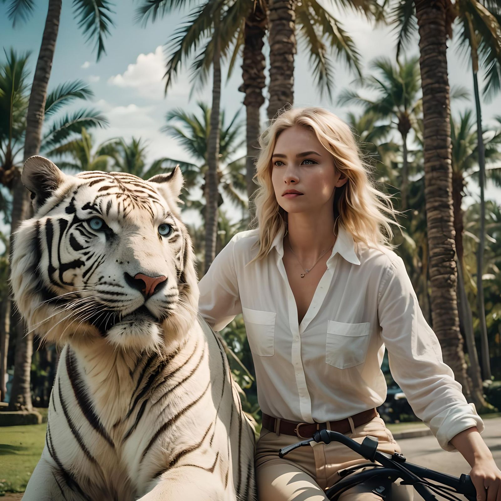 Girl Rides White Tiger in Cinematic Style