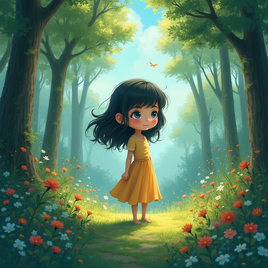 Whimsical Girl in Lush Turkish Forest, Inspired by Miyazaki'...