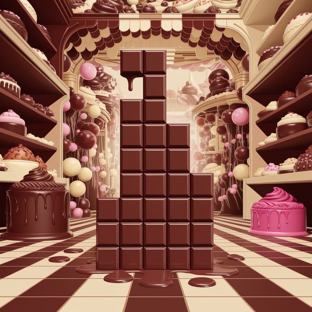 Melting Chocolate Tetris in Surreal Confectionery Scene