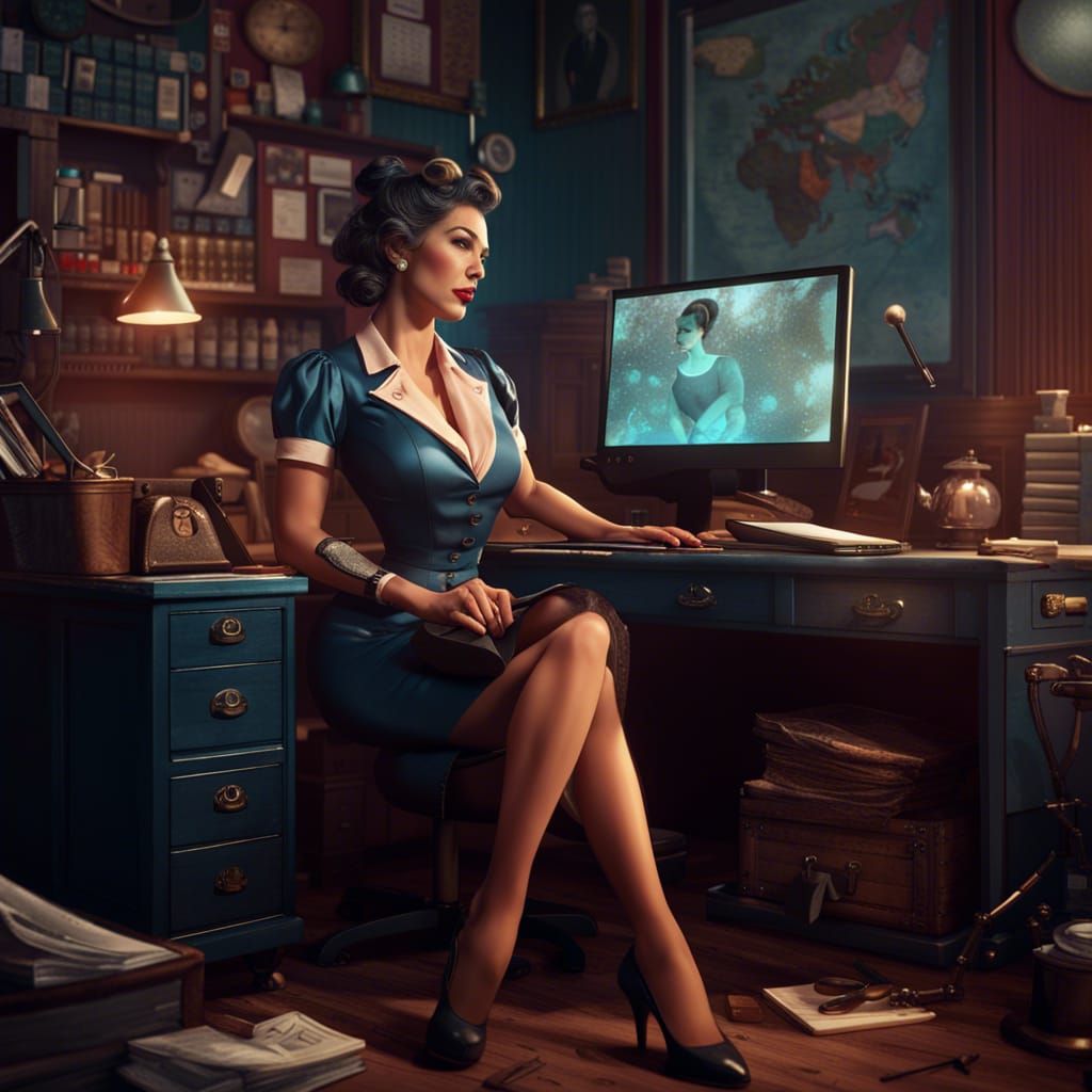 Pinup Secretary's Break: Detailed Matte Painting