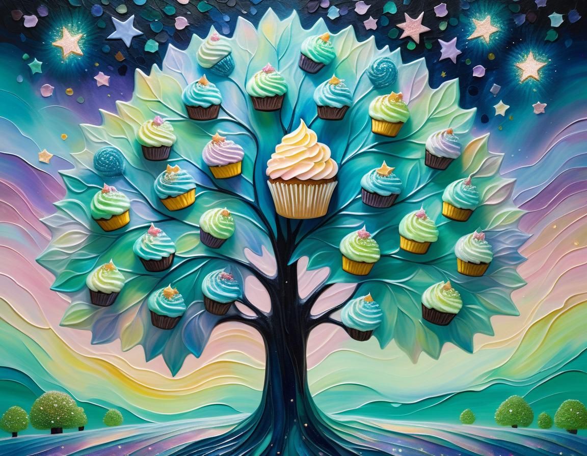 Surreal Tree with Cupcake Leaves in Oil Painting