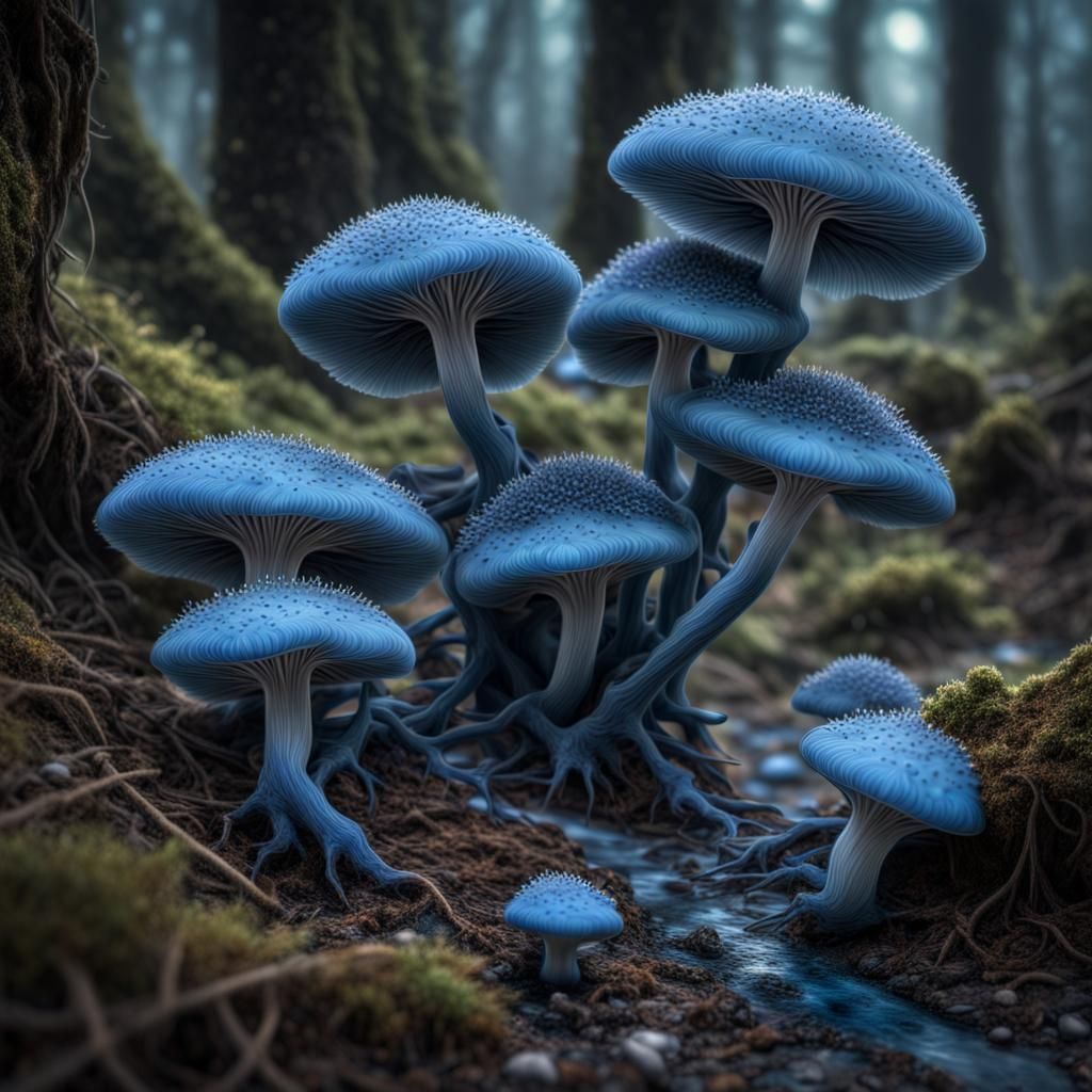 Blue Fungal Spawning in Hyperrealistic Cosmic Fantasy