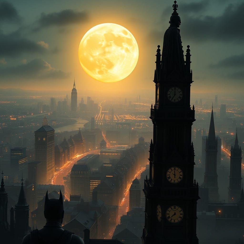 Batman Amidst Gothic Gotham Cityscape in Golden Moonlight