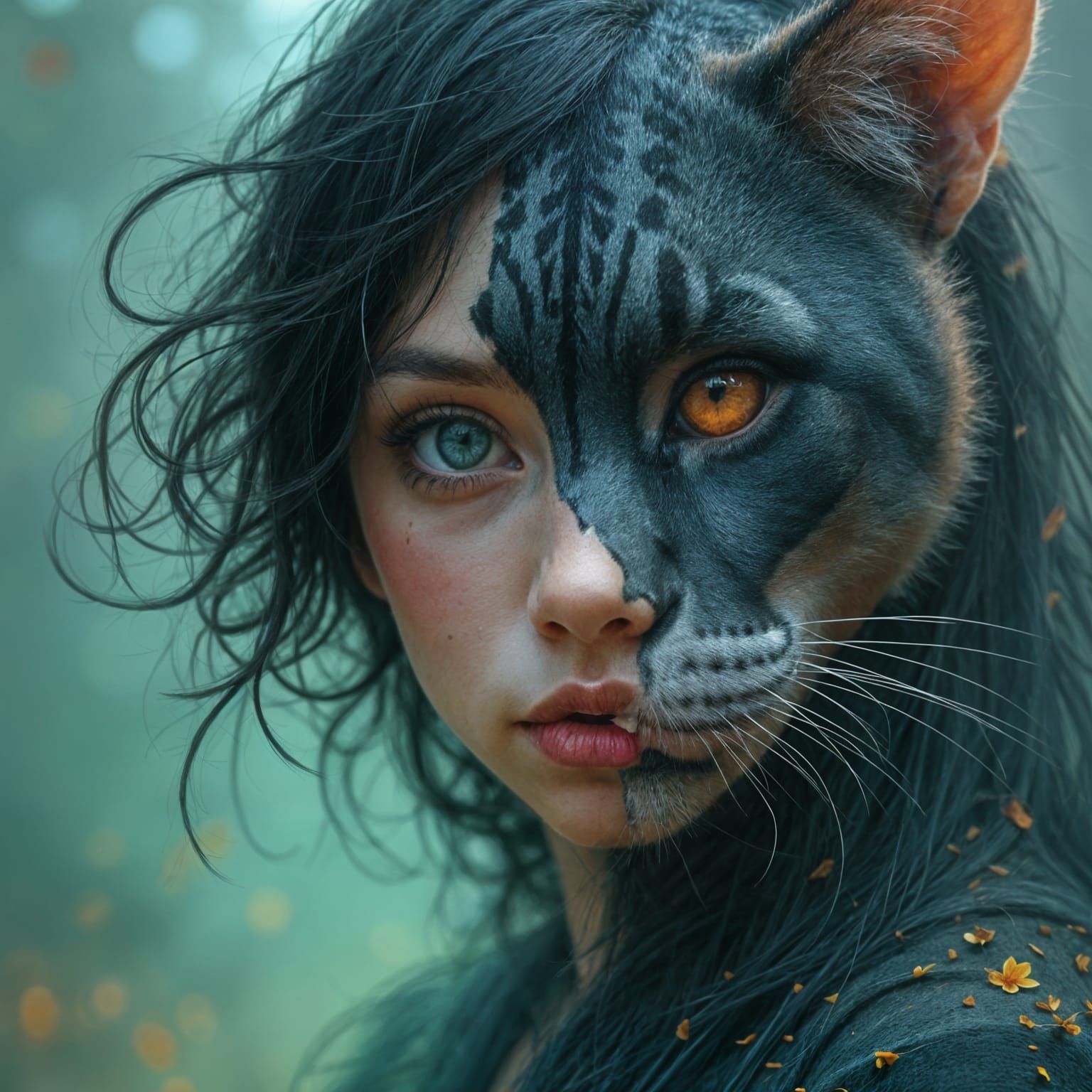 Girl and Panther Face Merge in Dreamlike Art