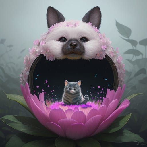 Joyful Joey Sniffs Vibrant Flower in Hyper-Realistic Art