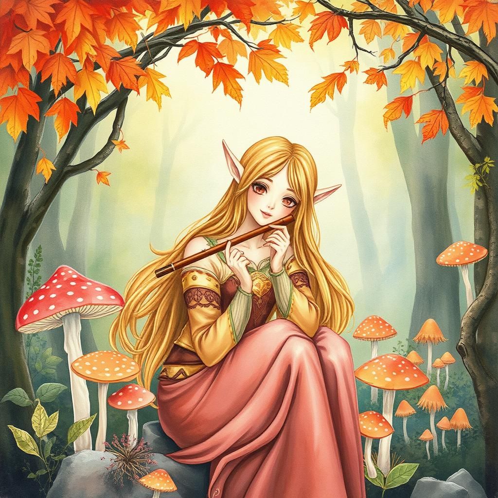 Elf Maiden in Autumn Mushroom Forest Watercolor