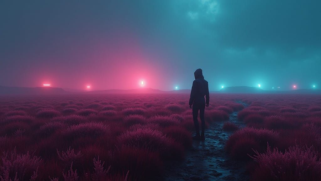 Ethereal Figure Stands Amidst Glowing Grass Field in Cyberpu...