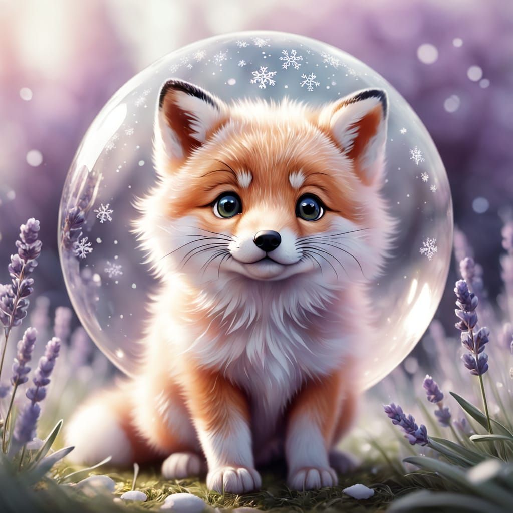 Cozy Cartoon Fox Cub in Lavender Meadow