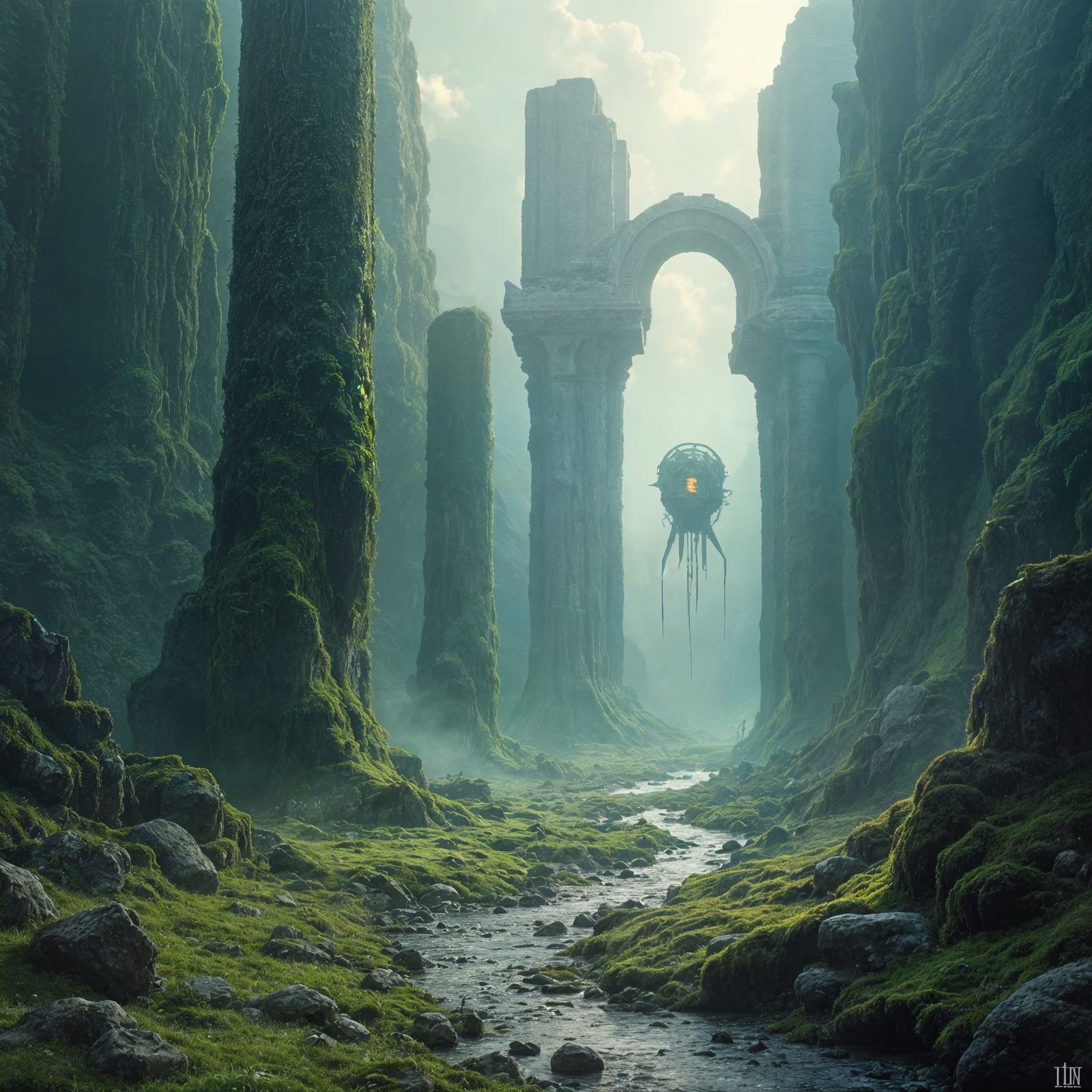 Overgrown Ancient Ruins with Robotic Remains