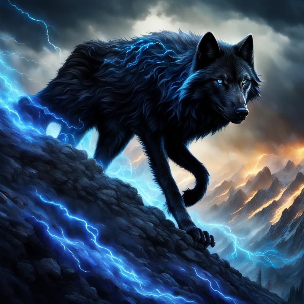 Majestic Black Wolf Amidst Flames and Lightning