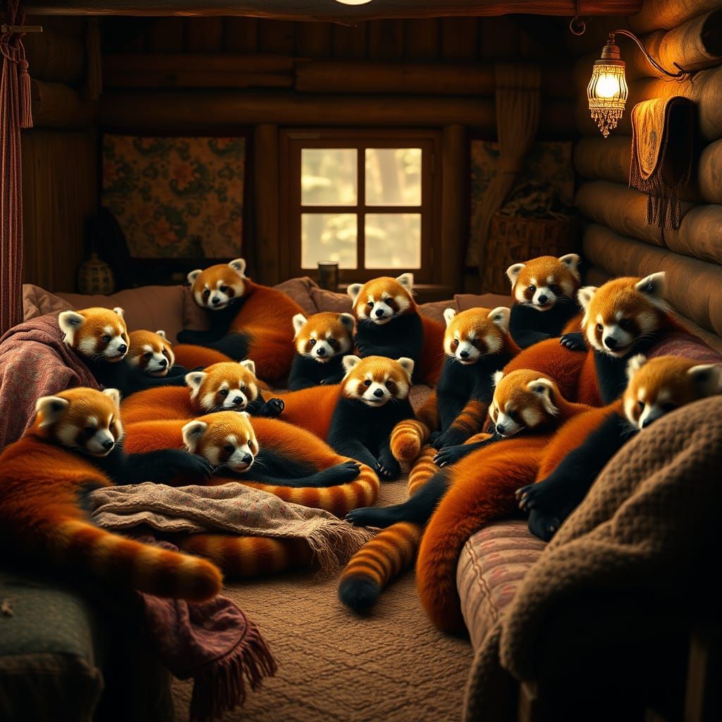 Cozy Sanctuary of Ten Red Pandas in Cinematic Warmth
