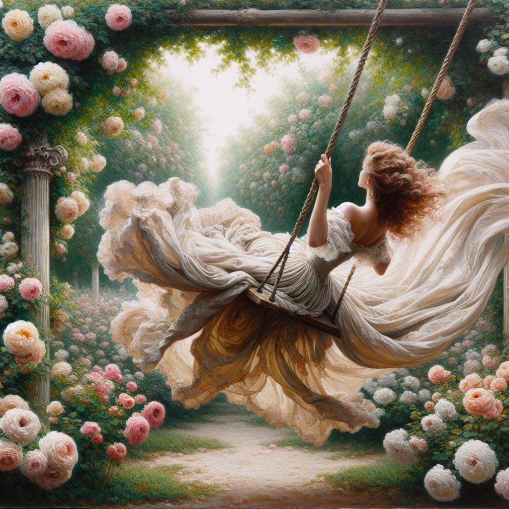 Rococo Woman on a Swing in Rose Garden