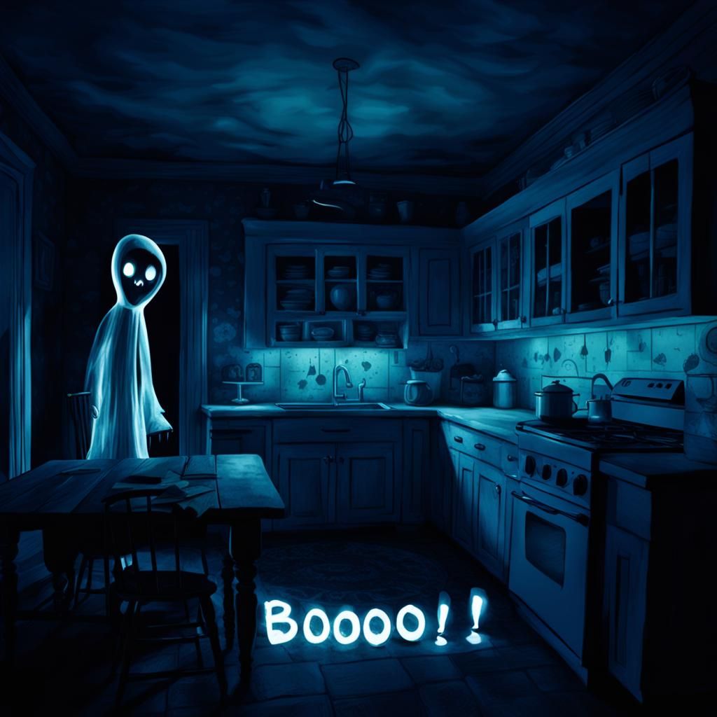 Eerie Ghostly Booo! in Kitchen at Night