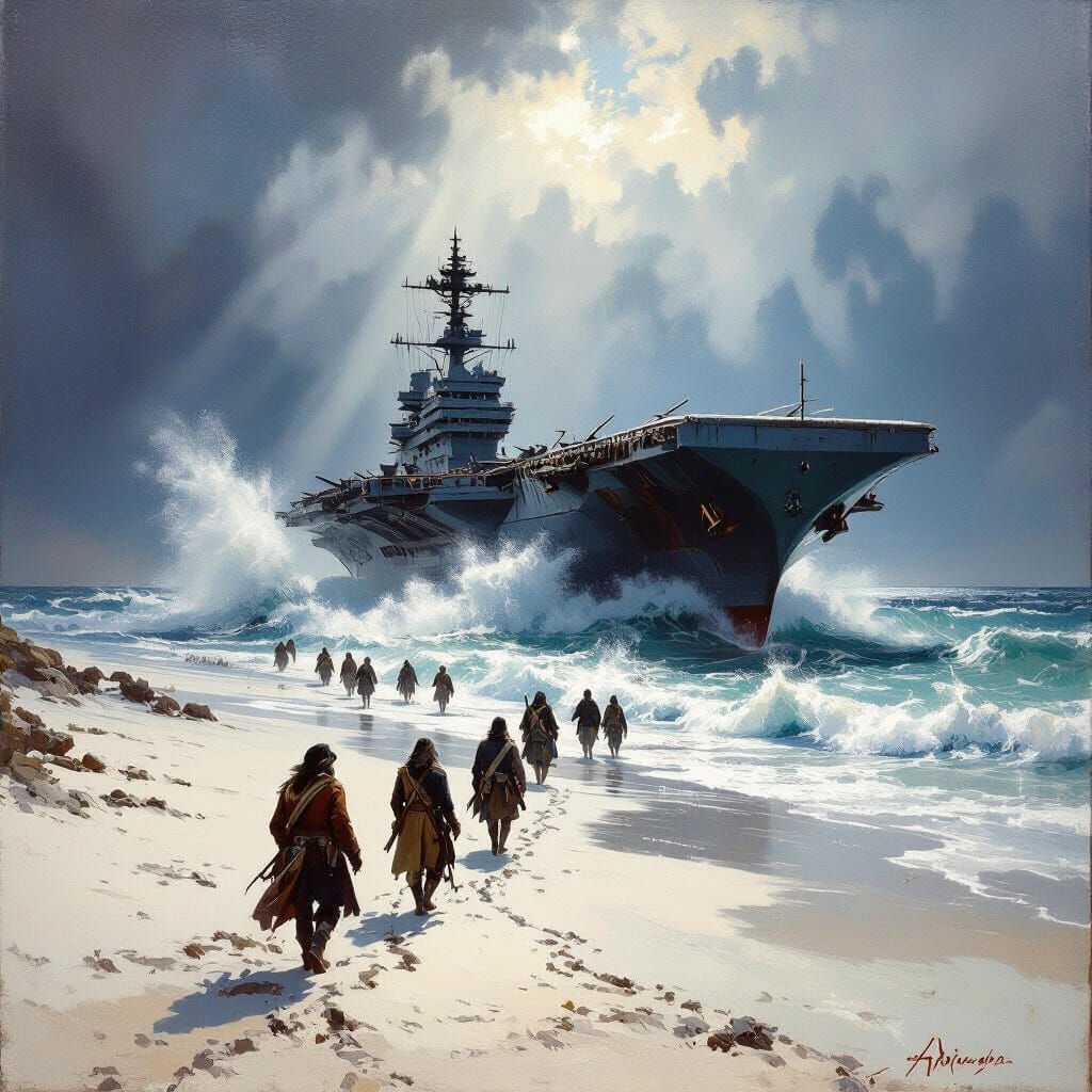 Pirates on Grounded Aircraft Carrier Battered by Waves