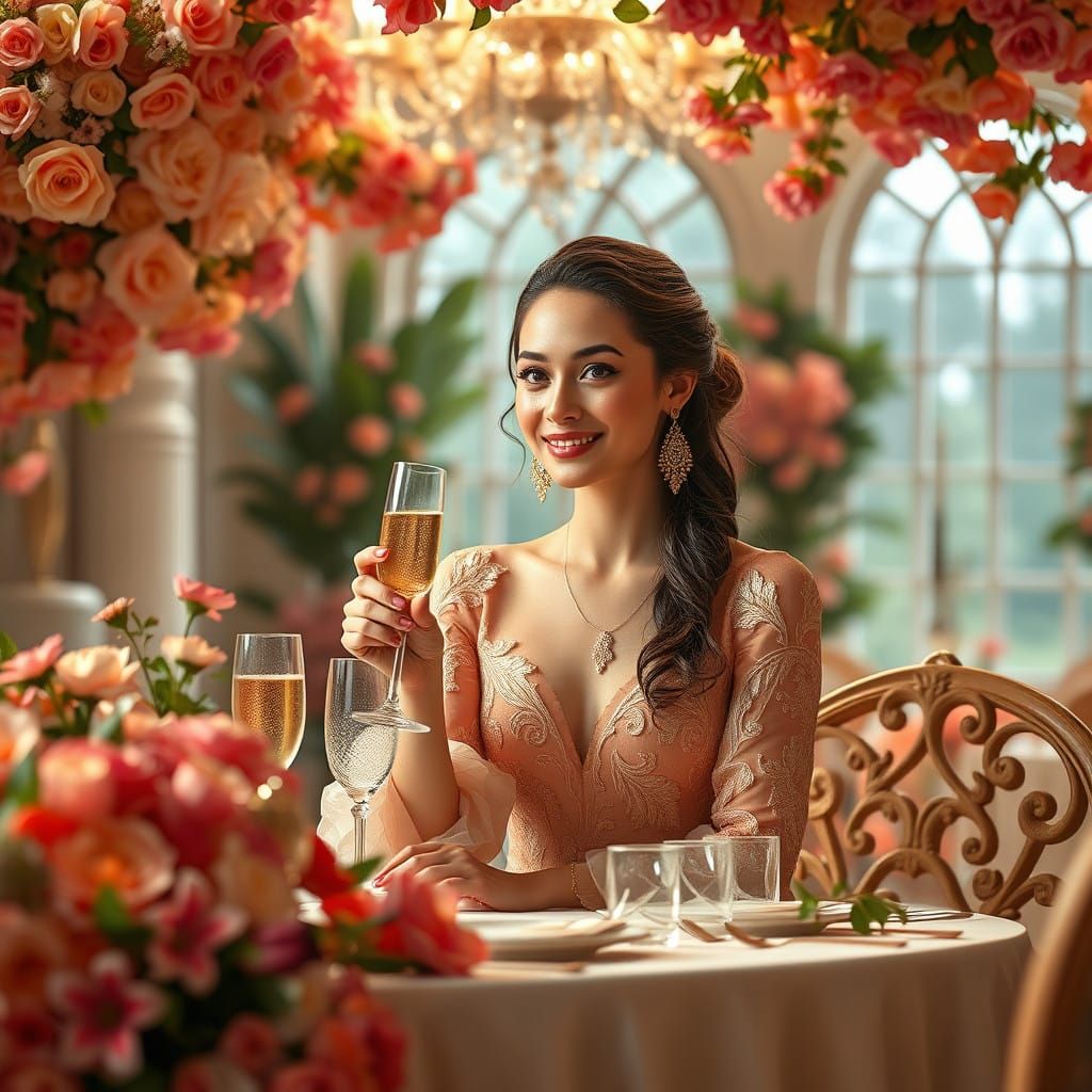 Elegant Woman Surrounded by Vibrant Flowers in Luxurious Vil...
