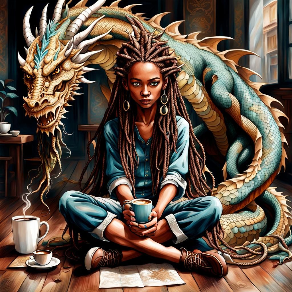 Woman Shares Coffee with Dragon: Mixed Media Art