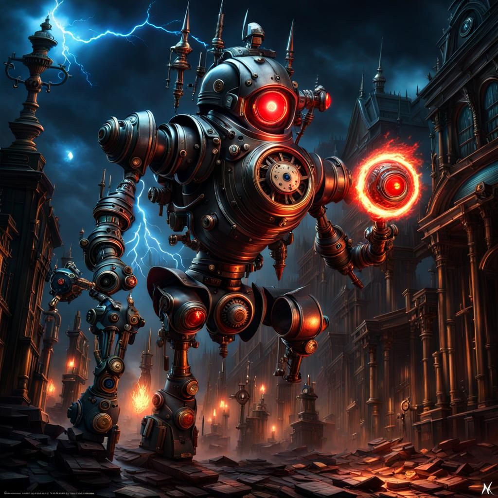 Steampunk Robot Attacks Lightning Mage in Bloodborne Style
