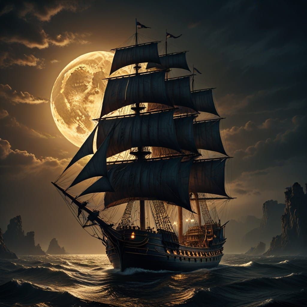Gothic Ship Master Under Full Moon in Digital Art