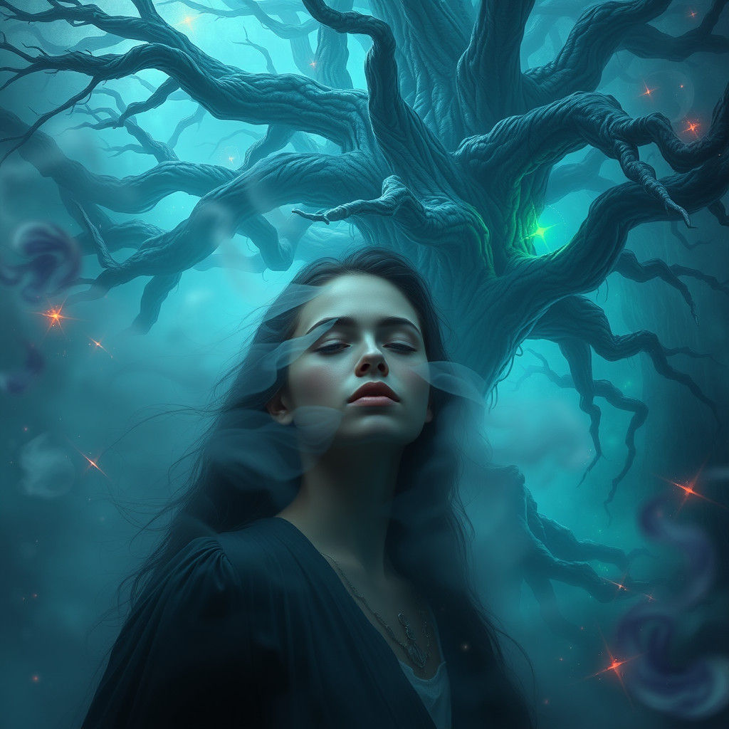 Ethereal Awakening: Woman in Mystical Forest Landscape