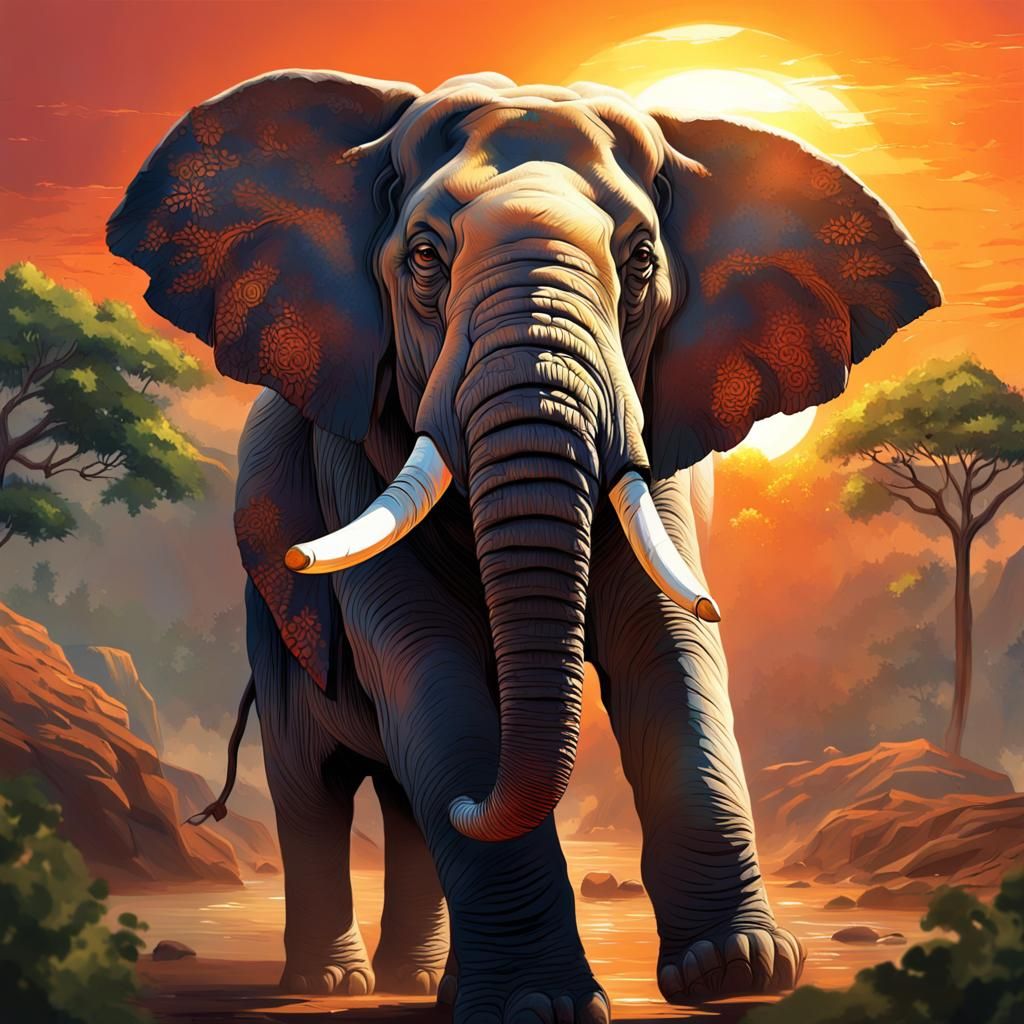 Asiatic Elephant Guards Zone in Hyperrealistic Splash Art