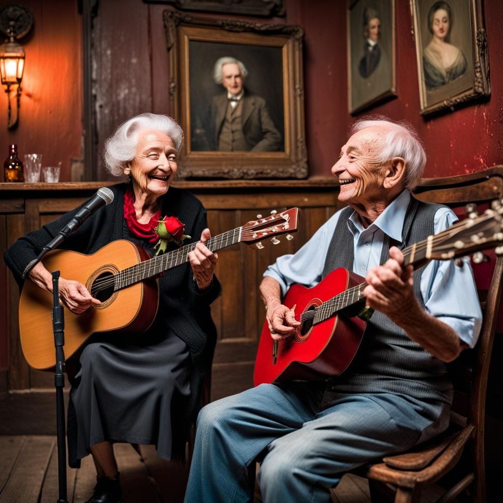Elderly Musician Serenades Woman with Rose
