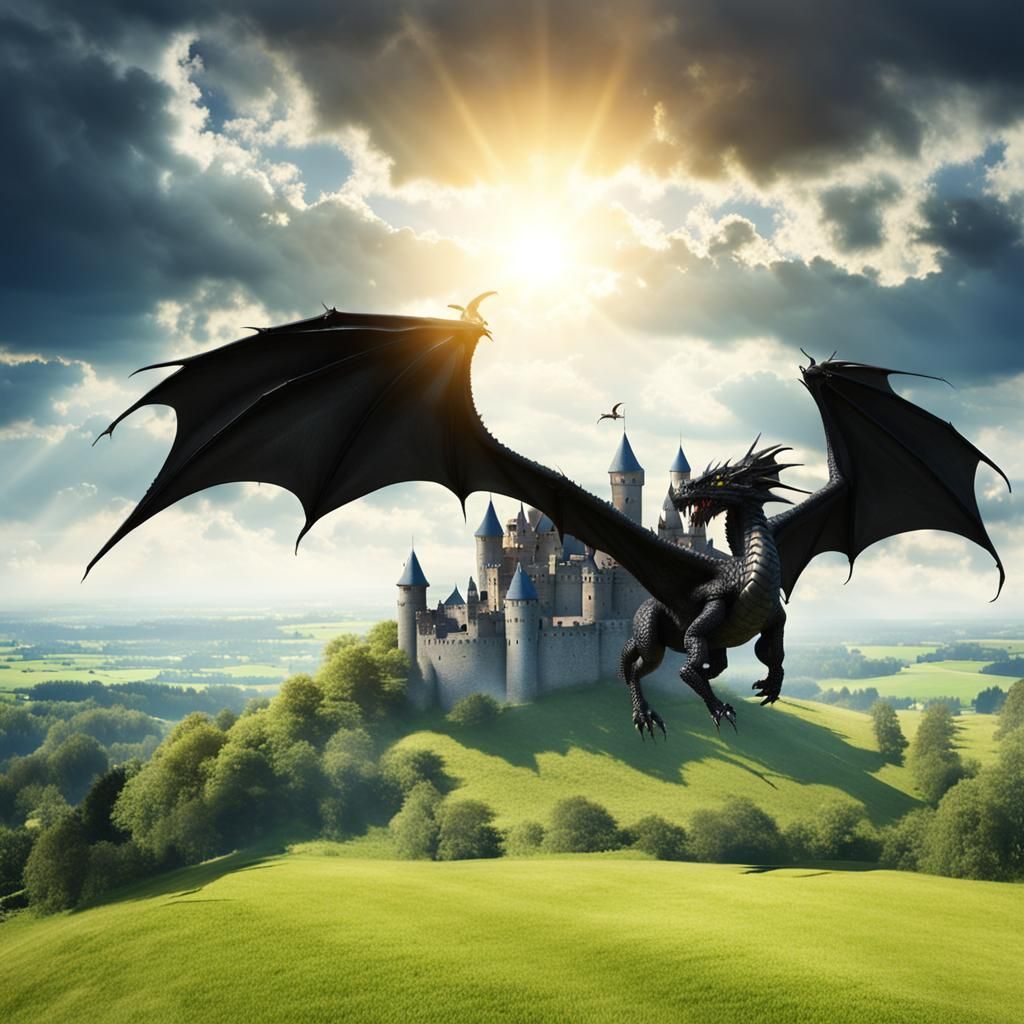 Black Dragon Soaring Near Castle in Bright Sunlight