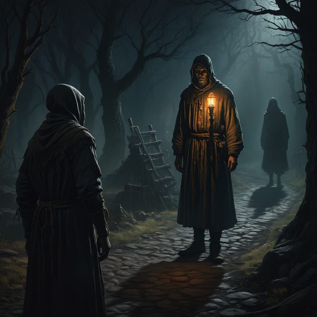 Dark Fantasy Peasant Meets Mysterious Figure in Oil Painting
