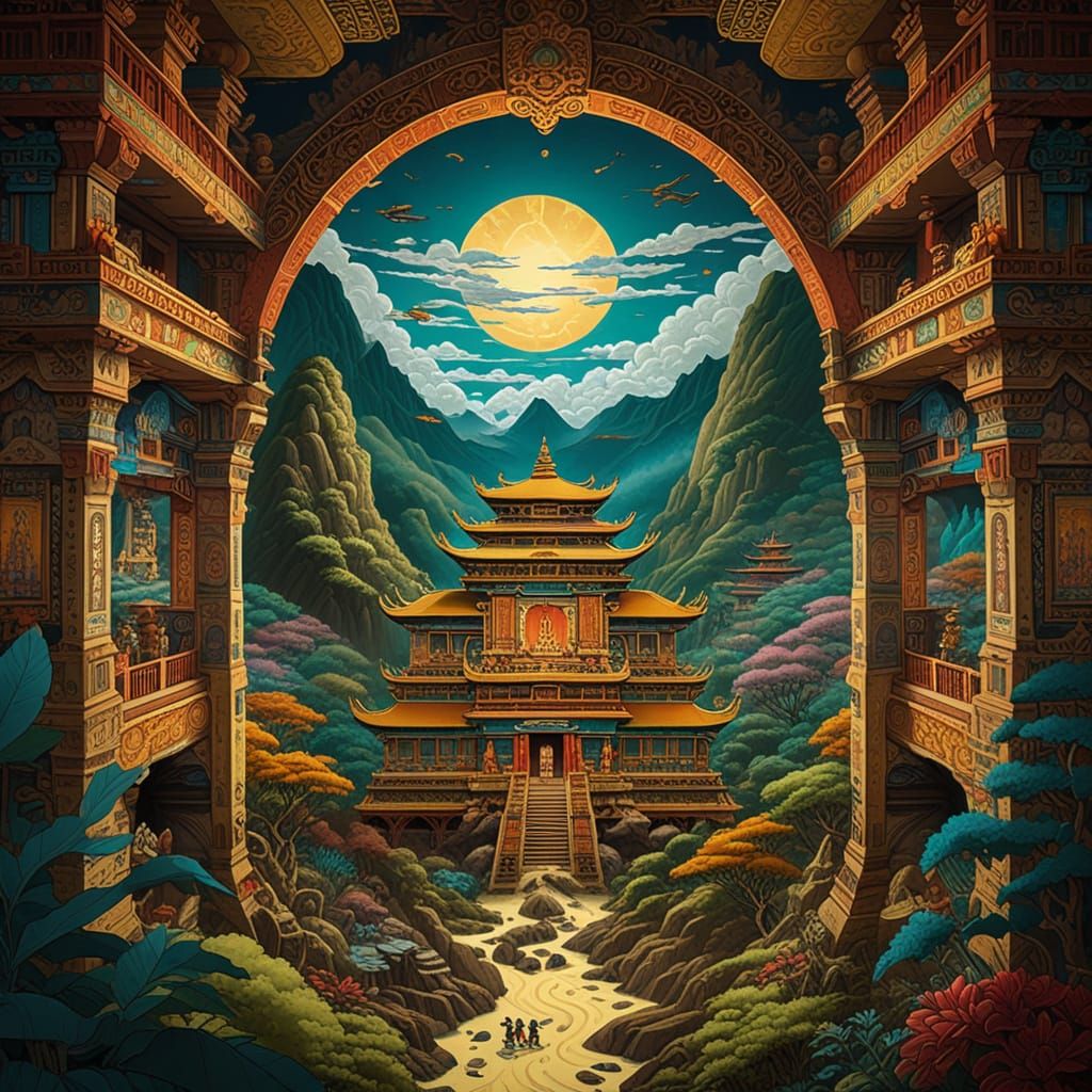 Tibetan Thangka and Studio Ghibli style.