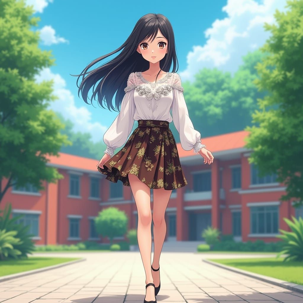 Anime Woman in Campus Courtyard, 4K Resolution Aesthetic