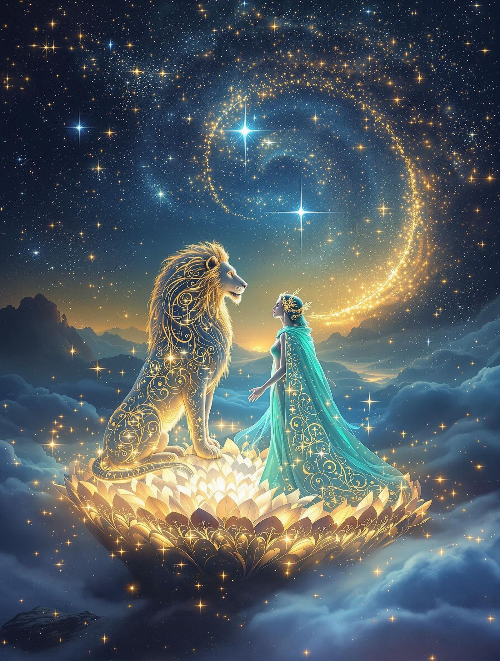 Cosmic Union of Lion and Fae, Gilded Elegance