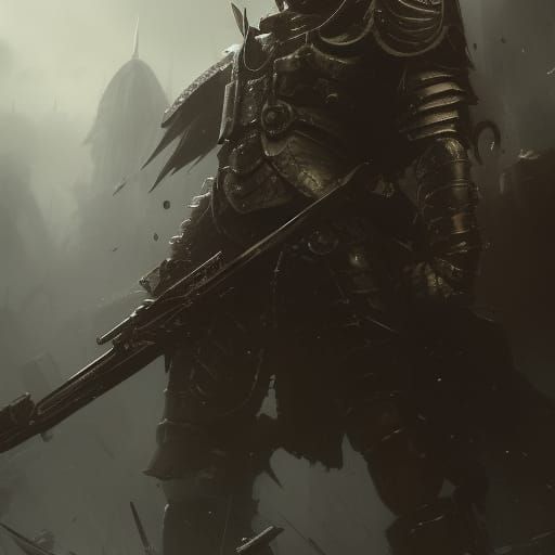 Armored Warrior in Battlefield, Dark Fantasy Art