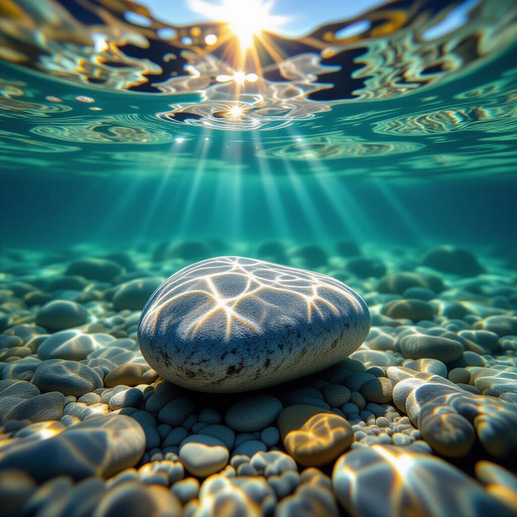 Smooth Pebble in Clear River Water, Hyperrealistic Digital P...