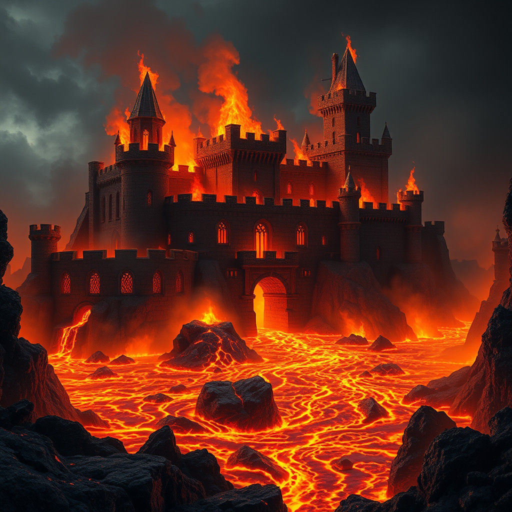 Inferno Castle: Basalt Fortress in Fiery Lava Moat