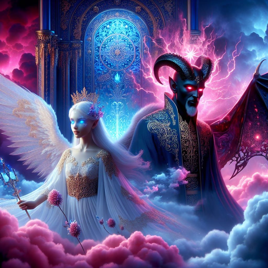 Angelic and Demonic Figures in Ethereal Landscape