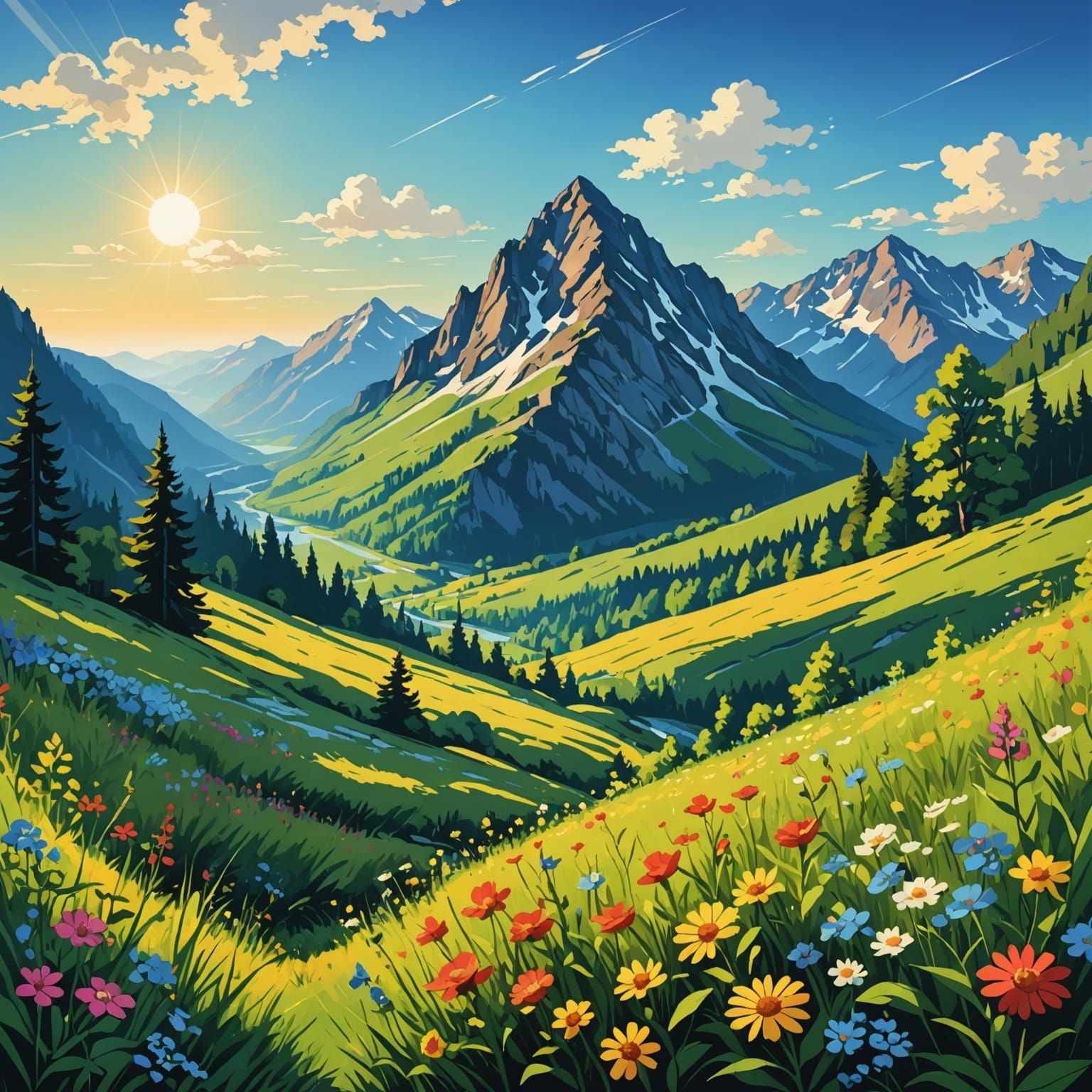 Vibrant Mountain Landscape with Wildflowers