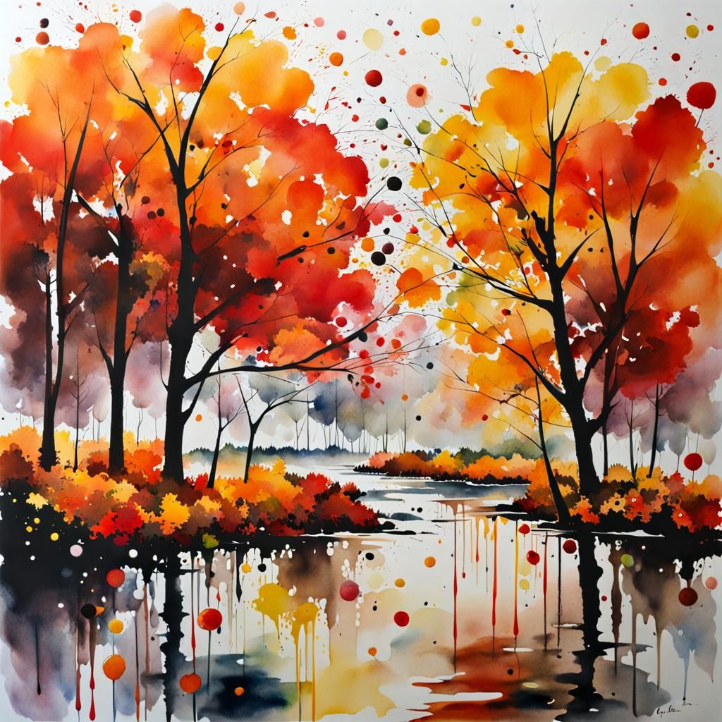 Rainy Autumn Landscape in Watercolor Style