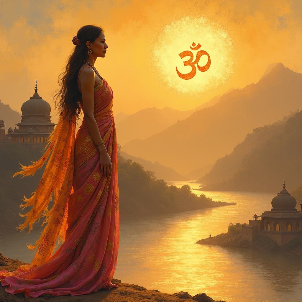 Golden Woman in Indian Landscape with Digital Art Style