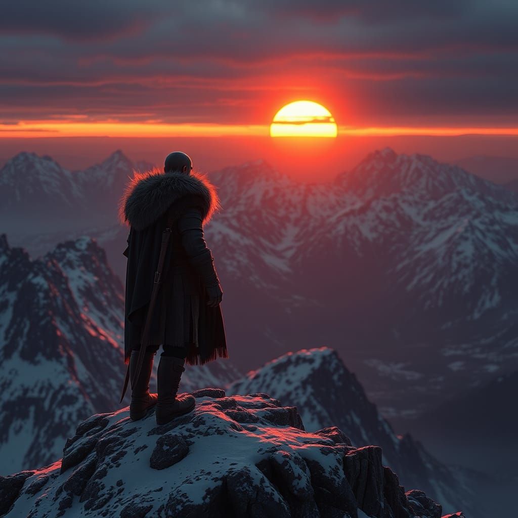 Viking Warrior Gazing at Fiery Sunset