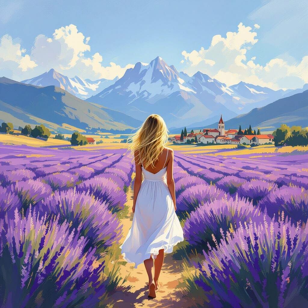 Girl in Lavender Field Before Snow-Capped Mountains