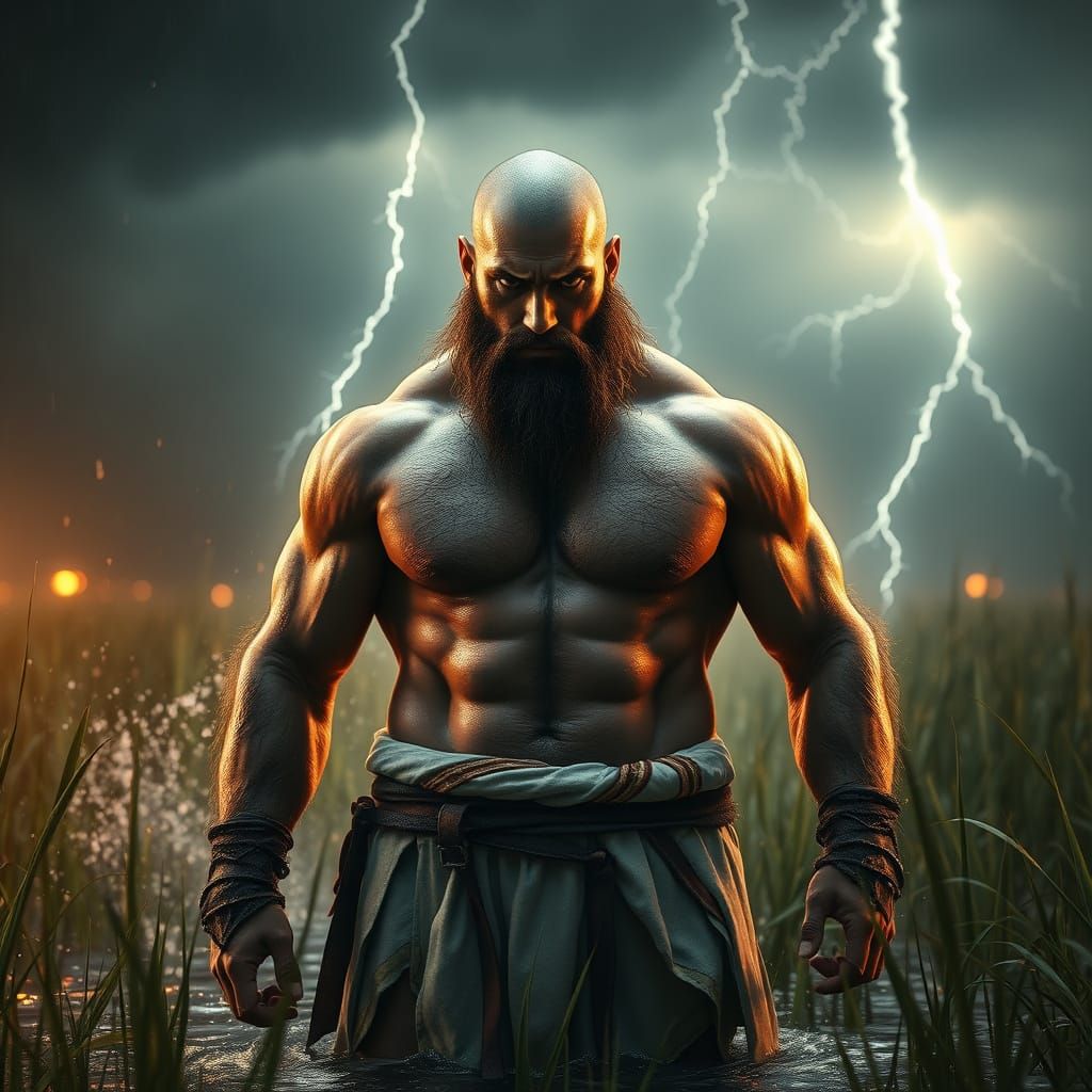 Hyperrealistic Warrior in Stormy Meadow