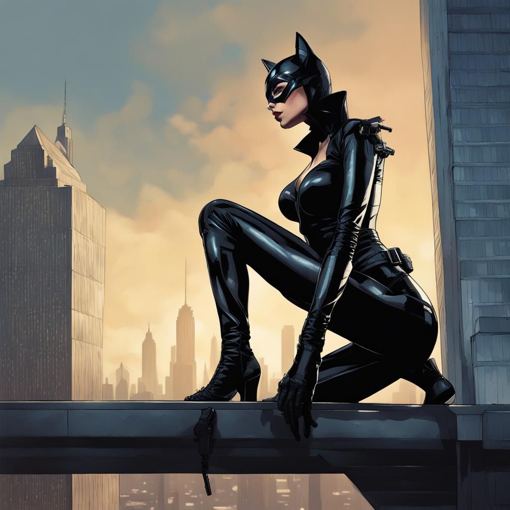 Catwoman on Skyscraper Edge: Hyperrealistic Concept Art