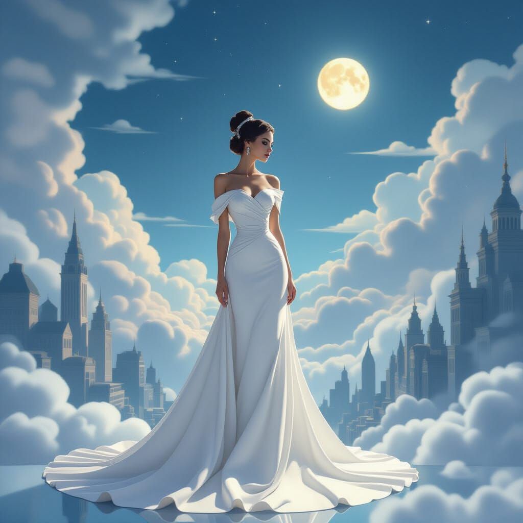 A cinematic scene of a fashion illustration in an oil painting style. The all-white composition features a graceful, elo...