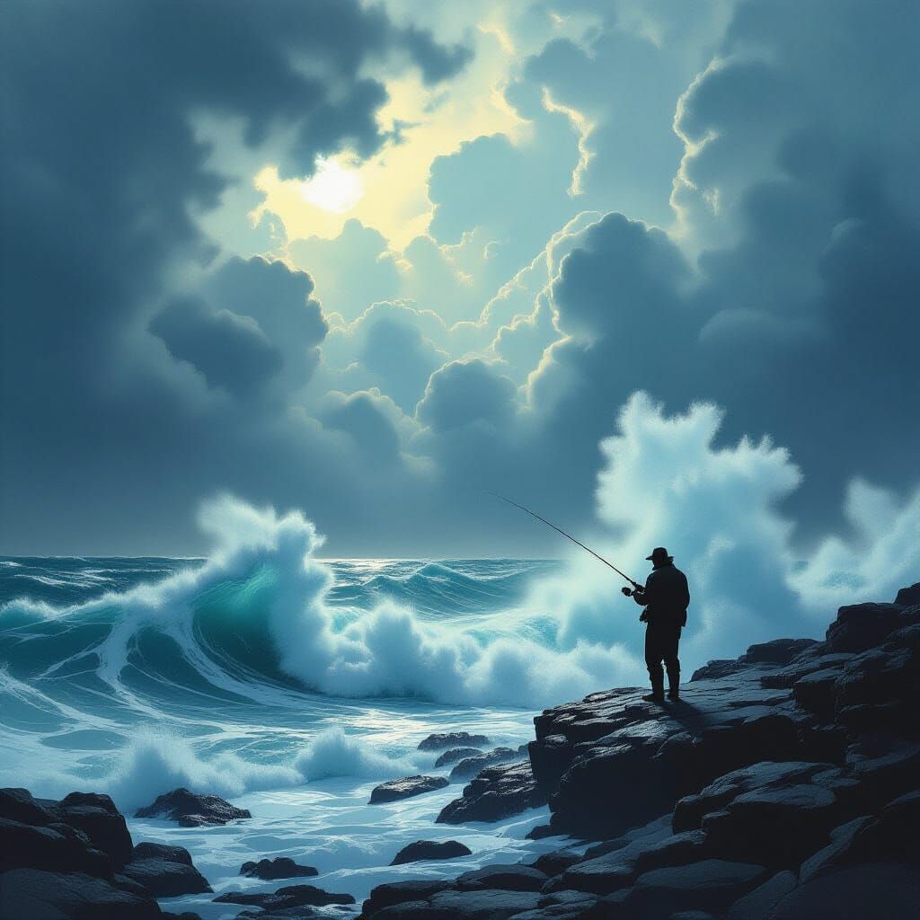 Fisherman on Rocky Outcrop in Stormy Seas
