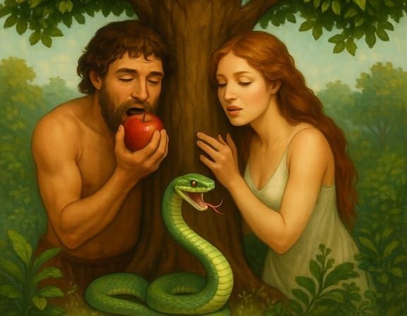 Adam and Eve in the Garden of Eden hiding behind the Tree of Knowledge, after eating an Apple given to them by a Snake