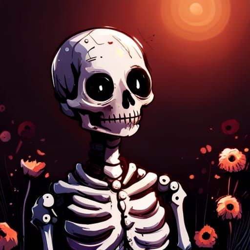 Cute Skeleton Portrait with Flowers in Horror Style